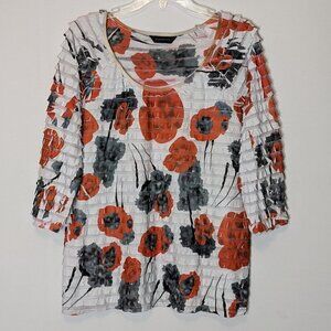 INVESTMENTS White & Orange Floral Tiered Chiffon Fabric Slim Fit Top; Size XL